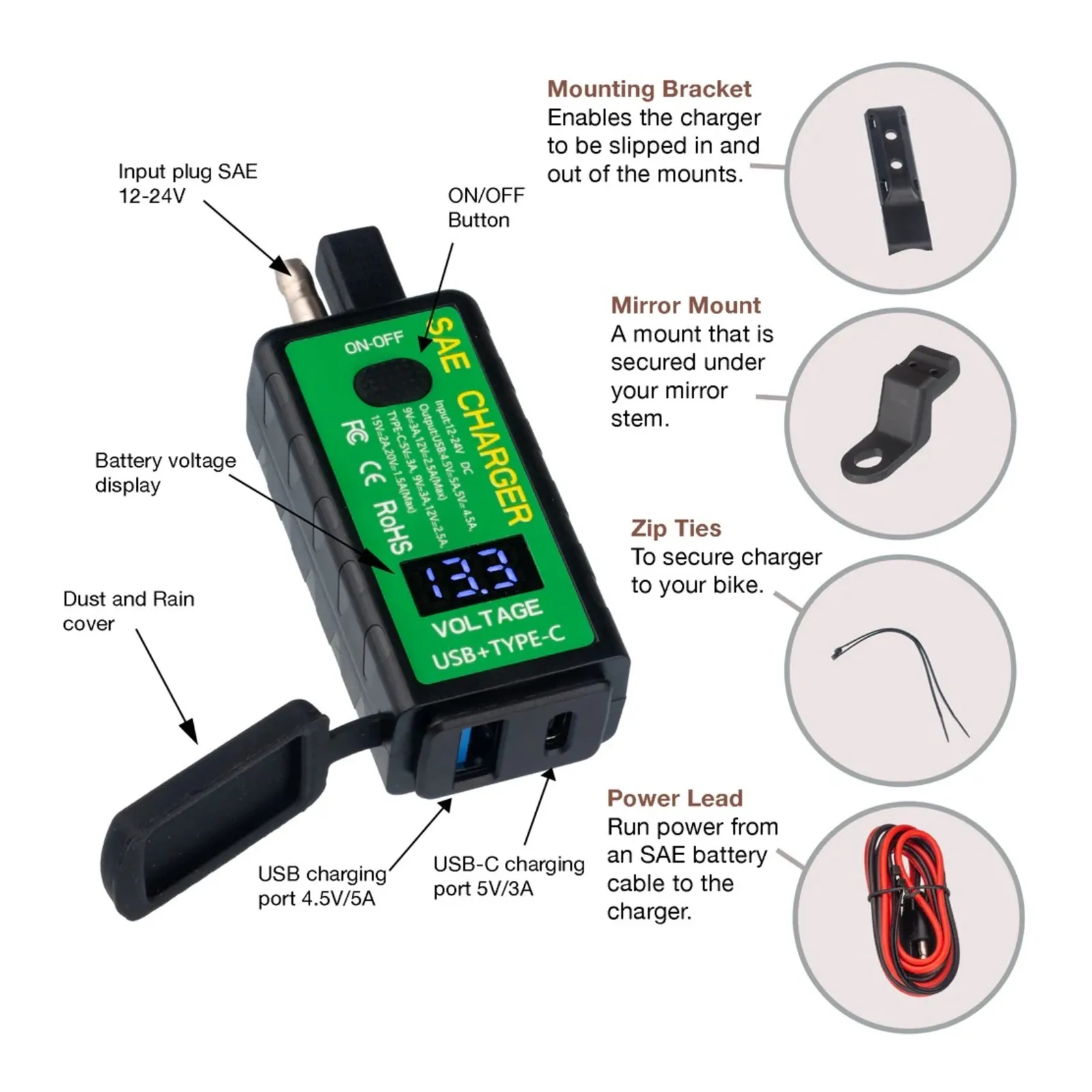 Rocky Creek MotoPlug SAE to USB with Voltmeter - 1x USB A & 1x USB C Port