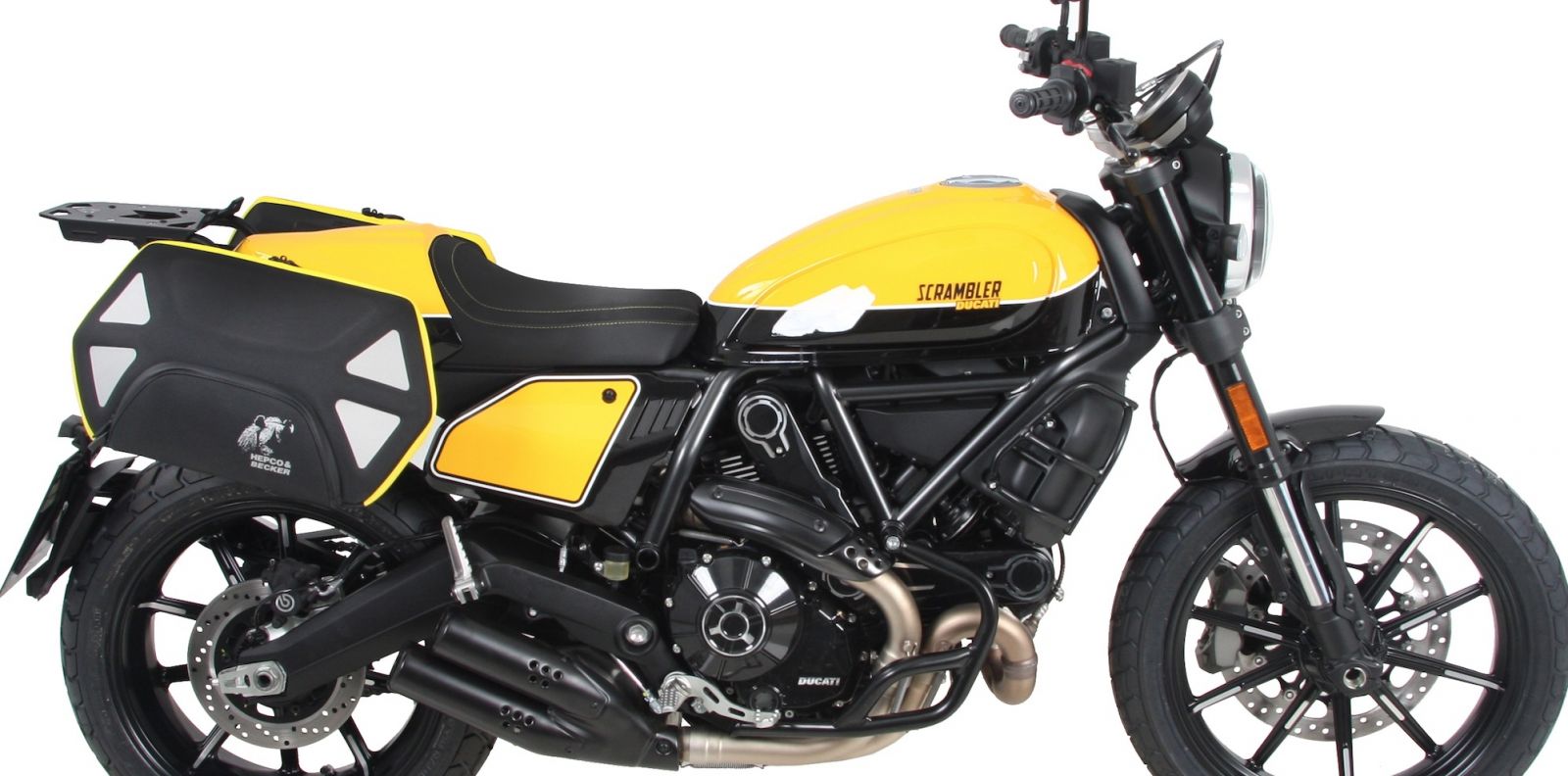 Ducati Scrambler 2019 800 fitted with Hepco and Becker accessories by Motorcycle Adventure Products