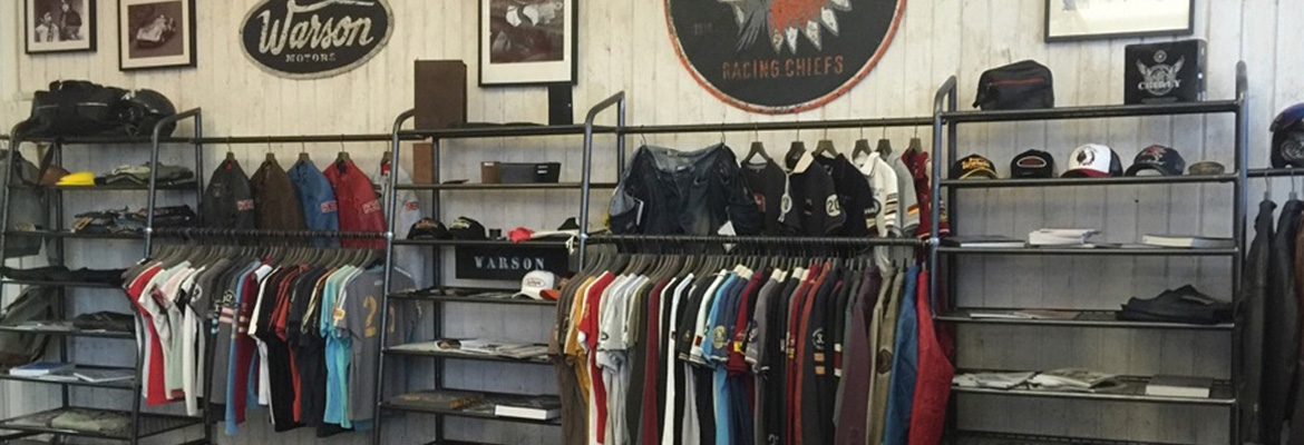 Motorcycle Adventure storefront featuring Warson motors, bike shed tshirts and jackets