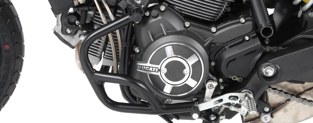 Ducati Scrambler strongly protected with a Hepco Becker Engine Guard from Motorcycle Adventure Products