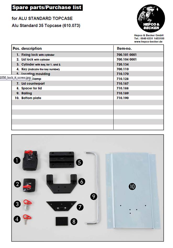 Hepco Becker Spare parts for ALU Standard Top Cases from Motorcycle Adventure Products   