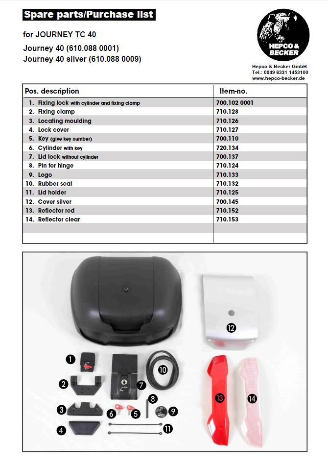 Hepco&Becker spare parts list for Journey TC40 from Motorcycle Adventure Products