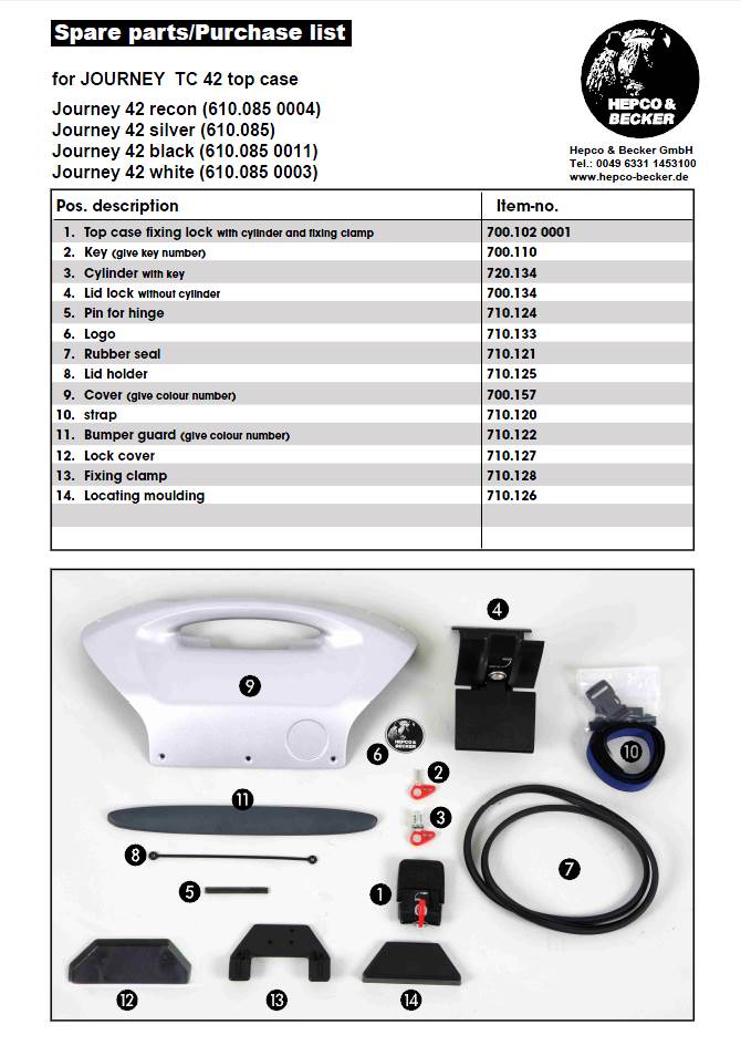 Hepco&Becker spare parts list for Journey TC42 by Motorcycle Adventure Products