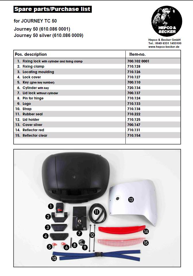 Hepco&Becker spare parts list for Journey TC50 from Motorcycle Adventure Products