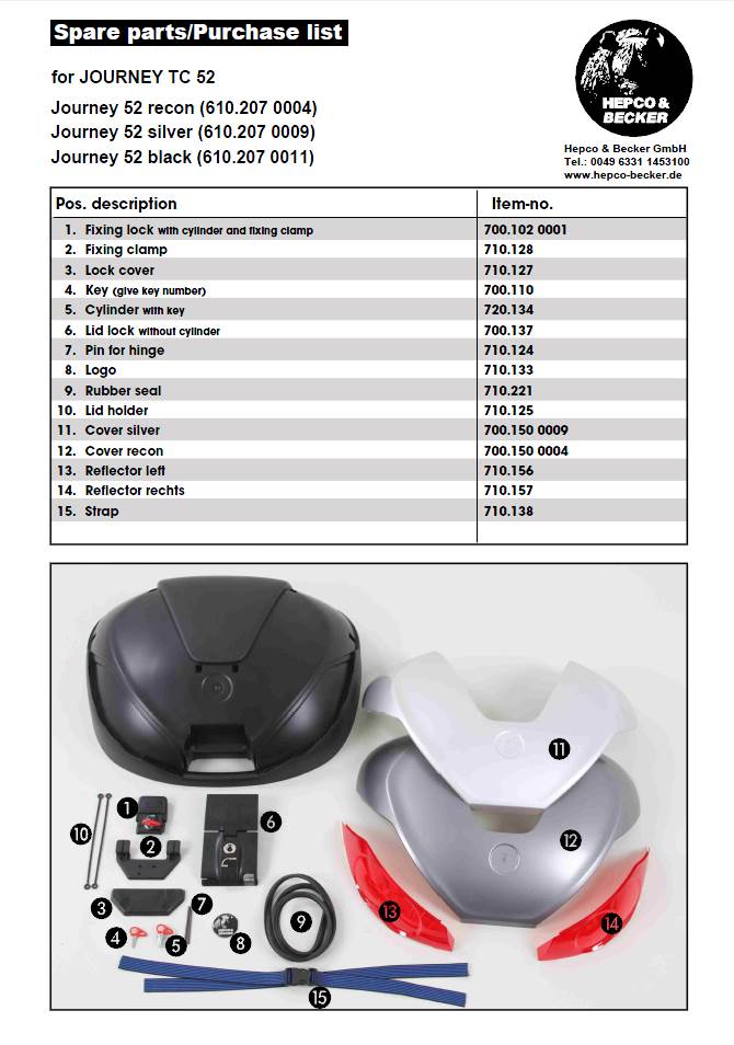 Hepco&Becker spare parts list f for Journey TC52 by Motorcycle Adventure Products