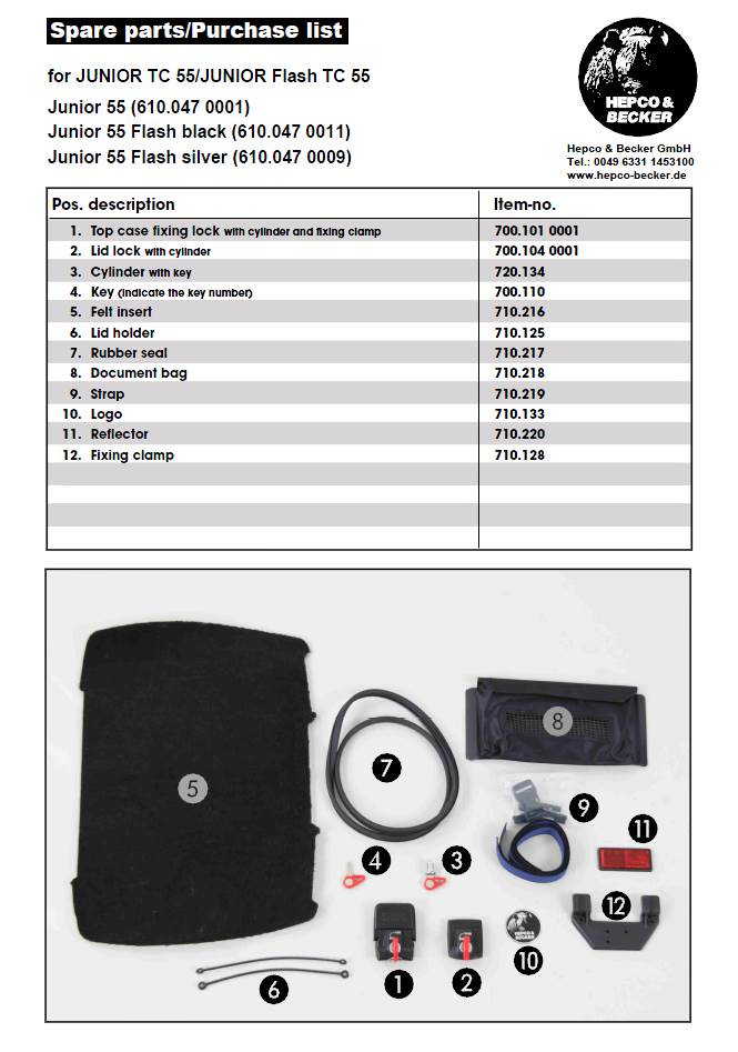 Hepco Becker Spare parts for Junior TC55 Top Cases from Motorcycle Adventure Products   