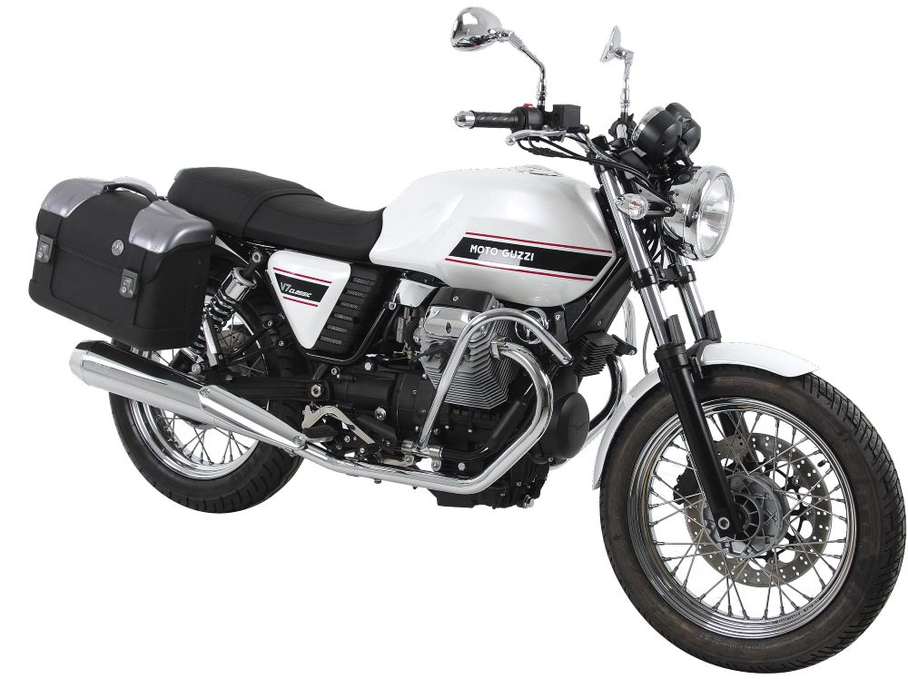 Hepco & Becker STRAYKER C-Bow mounted motorcycle city cases on Moto Guzzi's V7  Imported by Motorcycle Adventure Products