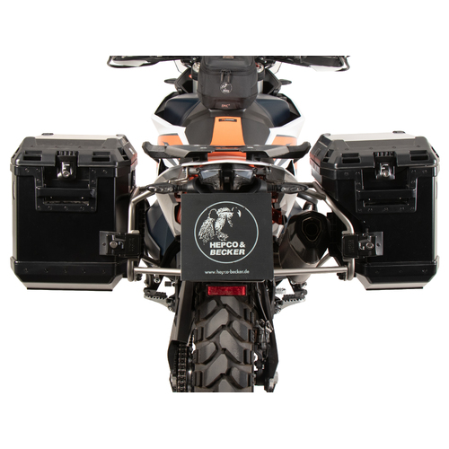 SIDE CARRIER CUTOUT STAINLESS STEEL INCL. XPLORER SIDEBOXES BLACK FOR KTM 890 ADVENTURE / R / RALLY (2023-)